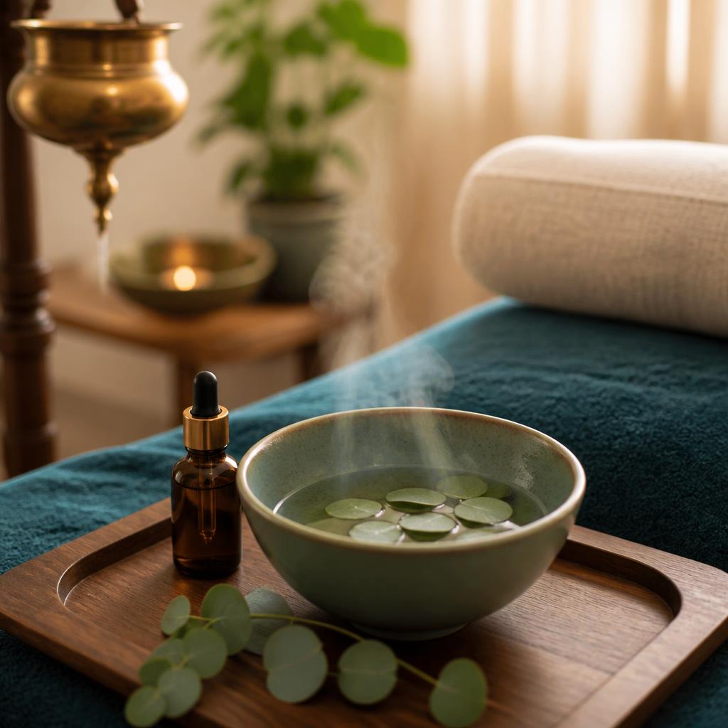Herbal oil dropper and steaming eucalyptus bowl set up for Nasya therapy
