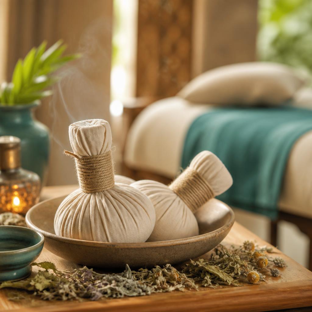 Steaming warm herbal poultices in a bowl beside a treatment table