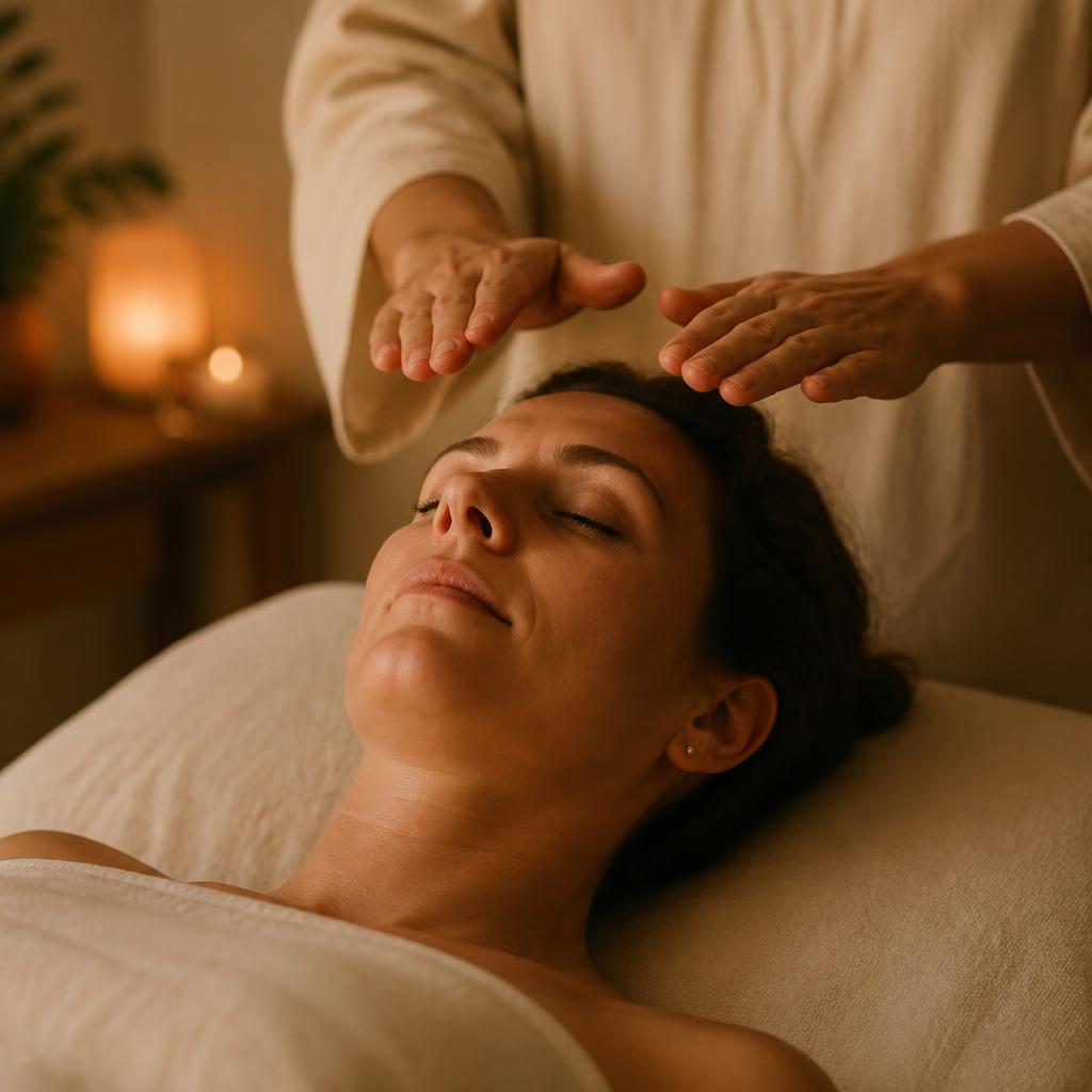 Practitioner's hands hovering above a resting client during Reiki