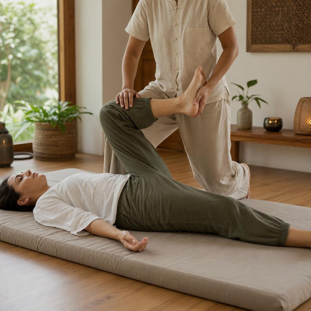 Practitioner applying pressure during a fully clothed ThaiVedic massage